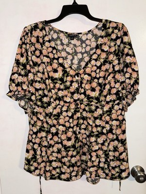 Torrid Size 1 Black Floral Blouse Top Short Sleeve V-Neck Side Ties EUC