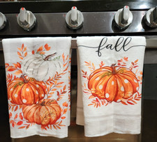 " Fall Trio Pumpkins " Orange Kitchen Tea Towels Large 26x16 Set Of 2