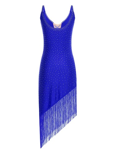 Womens Latin Dance Costume Glitter Tassel Sleeveless Dress Lace-up Irregular Hem - Picture 23 of 85