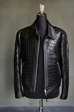 Men's Black Croco Embossed Leather Jacket Luxury Zip Up Designer Style Coat New