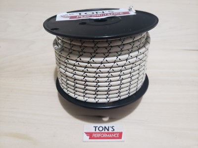 100' Roll 7mm Copper Core BRAIDED CLOTH WHITE with Black tracers SPARK PLUG WIRE