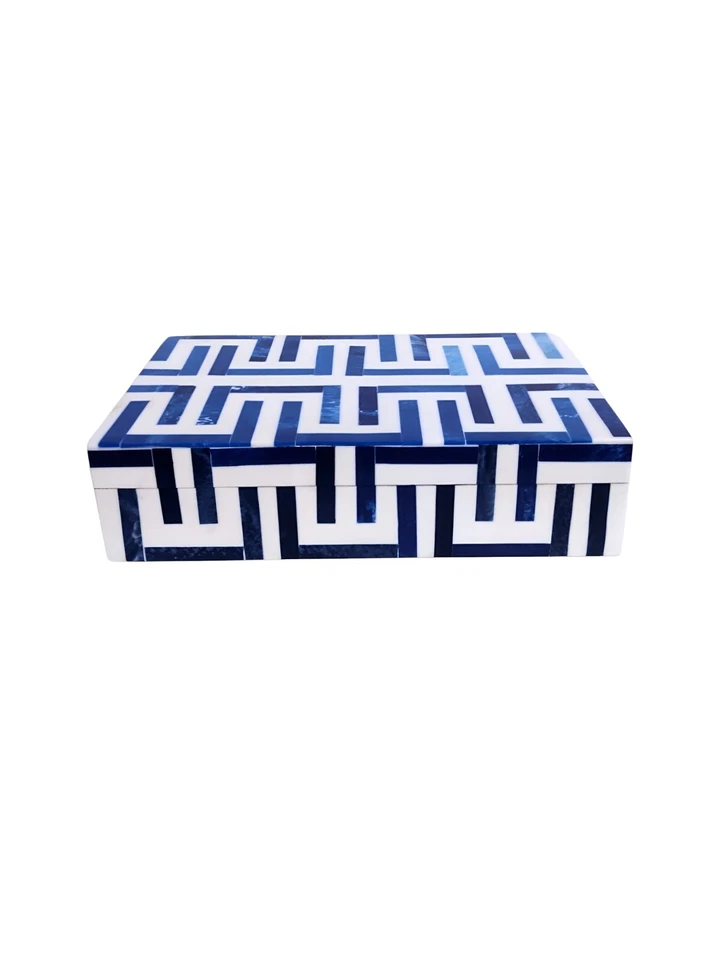 Blue & White Bone Inlay Decorative Box | Geometric Handmade Indian Jewelry Box | - Image 3 of 4