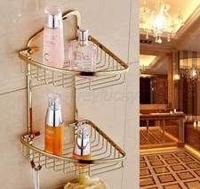 Gold Color Brass Corner Shower Caddy 2 Tier Bath Storage Shelf Rack Basket