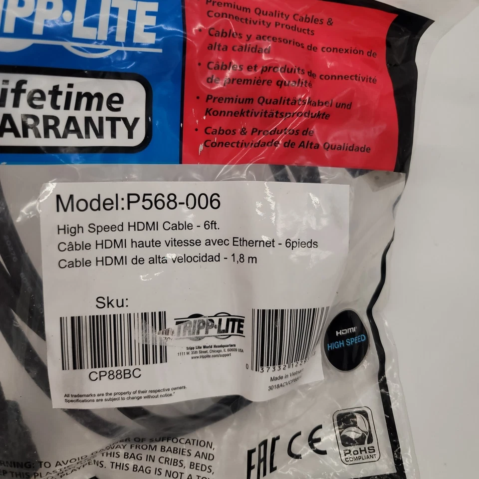 New Tripp Lite High Speed HDMI Cable 6-ft Model P568-006 [EJ20-1] - Image 2 of 4