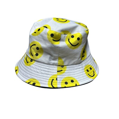 Unisex Smiley Face Bucket Hat One Size 90's Y2K Retro Funky Whie