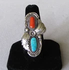Vtg. Navajo Sterling Silver Turquoise & Coral Elongated Ring  -- 1 3/4" Long