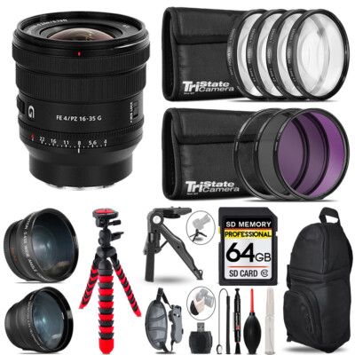 Sony FE PZ 16-35mm f/4 G Lens - 3 Lens Kit + Tripod +Backpack -64GB Kit