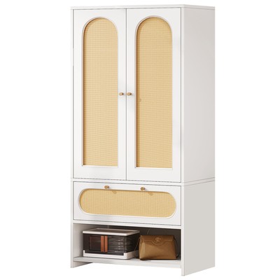 70'' Bedroom Rattan Armoire Wardrobe Closet Drawers Hanging Rod Storage Cabinet