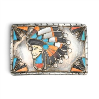 NATIVE AMERICAN ZUNI R QUAM MULTI STONE INLAY INDIAN CHIEF BELT BUCKLE STERLING