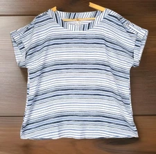 ANTHROPOLOGIE NAIF PETITE Top Women XL Blue White Stripe Lightweight Cuff Blouse