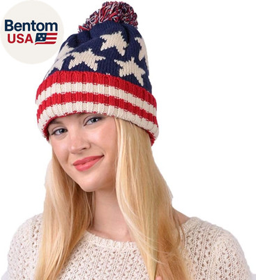 American Flag Knit Pom Beanie Ski Hat with Stars