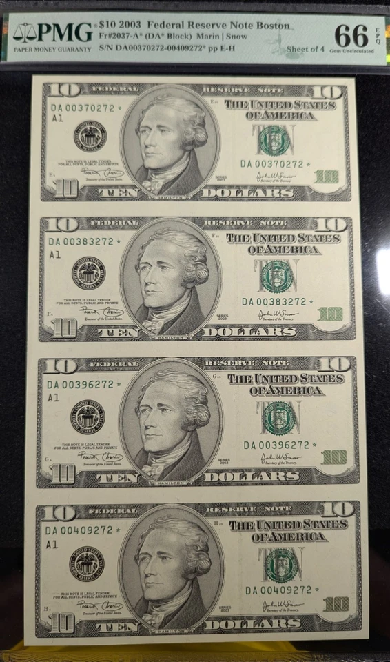 2003 A $10 FRN Boston 4 NOTE UNCUT SHEET GRADED 66 EPQ GEM UNC STAR Notes 4X10 - Image 2 of 4