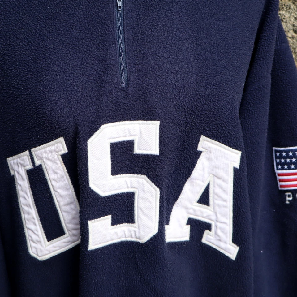 Vtg 90s Polo Ralph Lauren Mens Large USA Flag Superman Fleece Sweatshirt 1/4 zip - Image 4 of 4