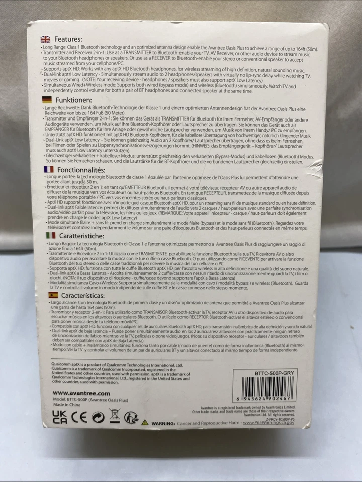 New Avantree Oasis Plus Bluetooth Transmitter Receiver BTTC-500P-GRY - Image 3 of 4