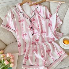 Women's Short Sleeve Silk Pajamas Set Print Satin Sleepwear Homewear Nightwear