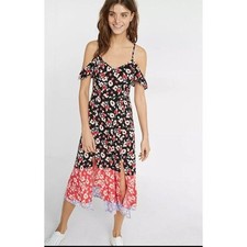Express Dress XS Black White Red blue Floral Cold Shoulder Ruffled Stretch