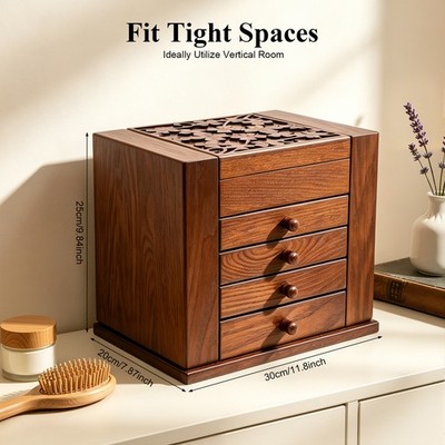 5 Ebenen Vintage Holz Schmuckkoffer Hohe Kapazität Aufbewahrungsbox 5-Schubladen