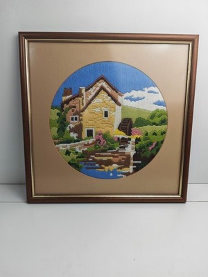 Cottagecore Vintage gerahmter Langstich Wandteppich Kunst rustikal Wassermühle Bauernhof Szene