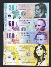 Set of 4 Republic of Texas Polymer Banknotes 20, 50, 100, 500 Dollars  Fantasy