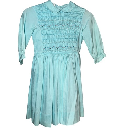 Vintage Polly Flinders Blue Floral Hand Smocked maxi prairie girls dress sz 8 - Picture 1 of 9