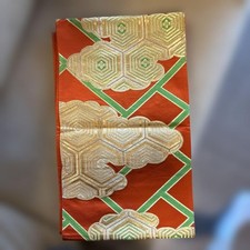 Japanese Fukuro Obi Green Orange Gold Tortoise Pattern Remake Sash
