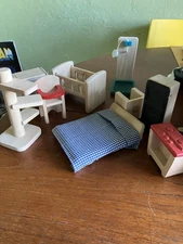 Vintage Plan Toys Lot Wooden Dollhouse Furniture Bed Nursery Bathroom kitchen
