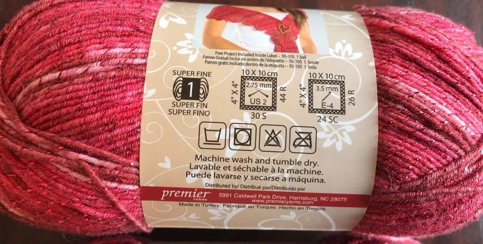 LOTE DE 2 hilos de encaje sin lana, hilo de calcetín Premier, rojo caliente 448 yardas ea Foto 2 de 2