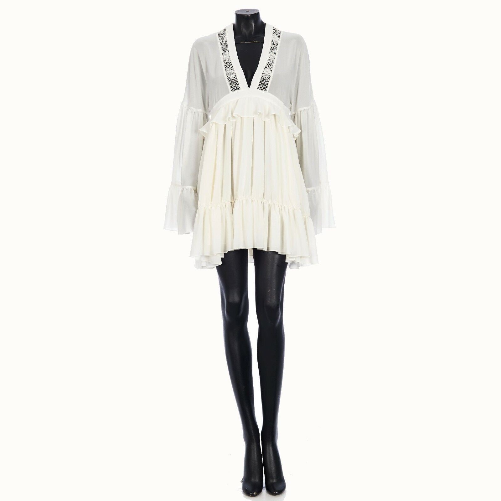 Abito con volant ricamato SAINT LAURENT PARIS 2790 $ mussola in crepe di seta