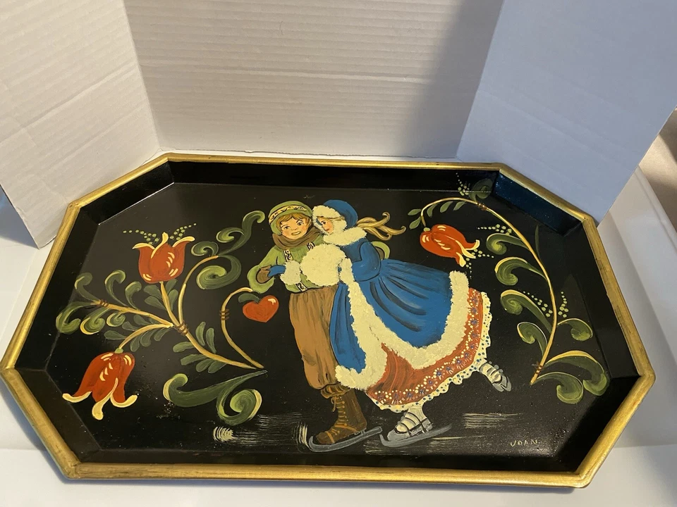 Hand Painted Vintage Tole Serving Tray With Ice Skaters Signed 16 1/2 X 10 - Image 2 of 4