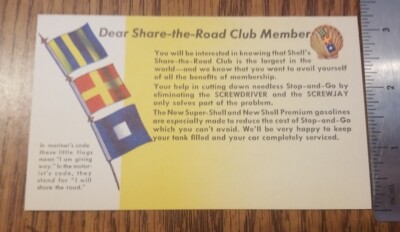 Vintage SHELL SHARE-THE-ROAD CLUB MEMBER CARD SUPER PREMIUM GAS Postcard NOS 