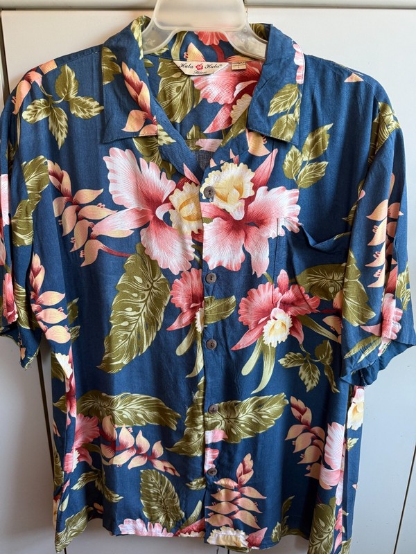 Hula Hula  Mens Large  Hibiscus Feather Heliconia  on Blue/Nice