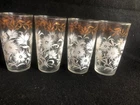 Vtg 4 MCM white Flowers Gold Scroll Drinking Glasses Anchor Hocking 5" Tall