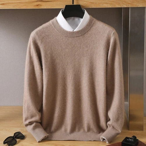 Winter Men's Mink Cashmere Round Neck Solid Color Autumn Pullover Warm Sweater - Picture 4 of 40