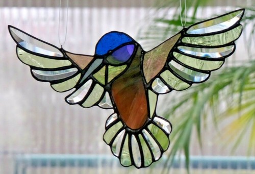 Bleiverglasung Facetten- Fensterbild Suncatcher Blauköpfchen- Kolibri in Tiffany - Bild 3 von 10