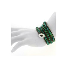 21" Blue/Green Beads on Dark Brown Leather Wrap Bracelet with Snap Button Lock