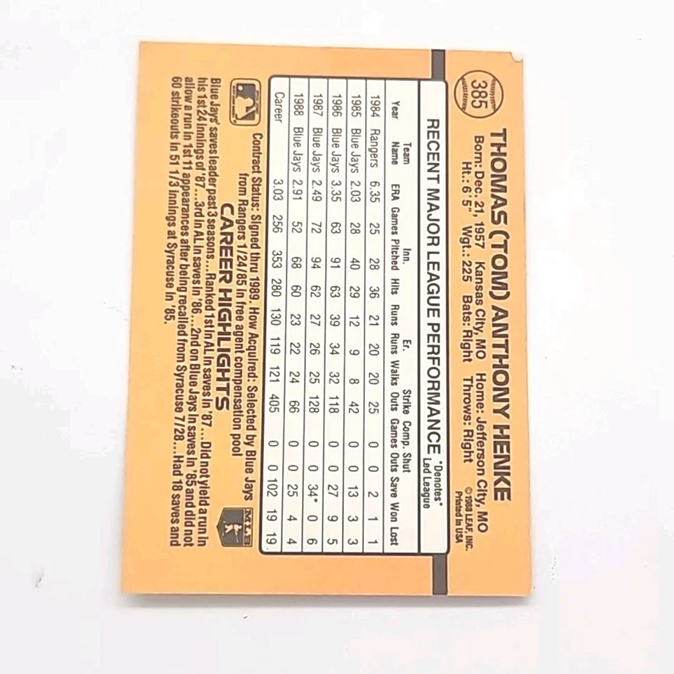 Tom Henke Toronto Blue Jays DONRUSS 89 Baseball Card Don Russ - Image 2 of 3