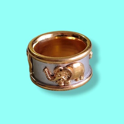 Sz 4.5 Raised Relief Elephant Cigar Band Ring Gold Plate Stainless Steel