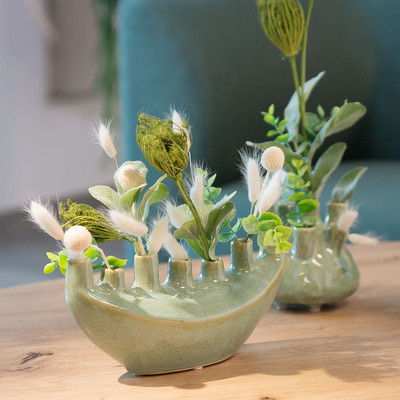Deko Keramikvase Hellgrün Moderne Blumenvase Schiffchen 23cm