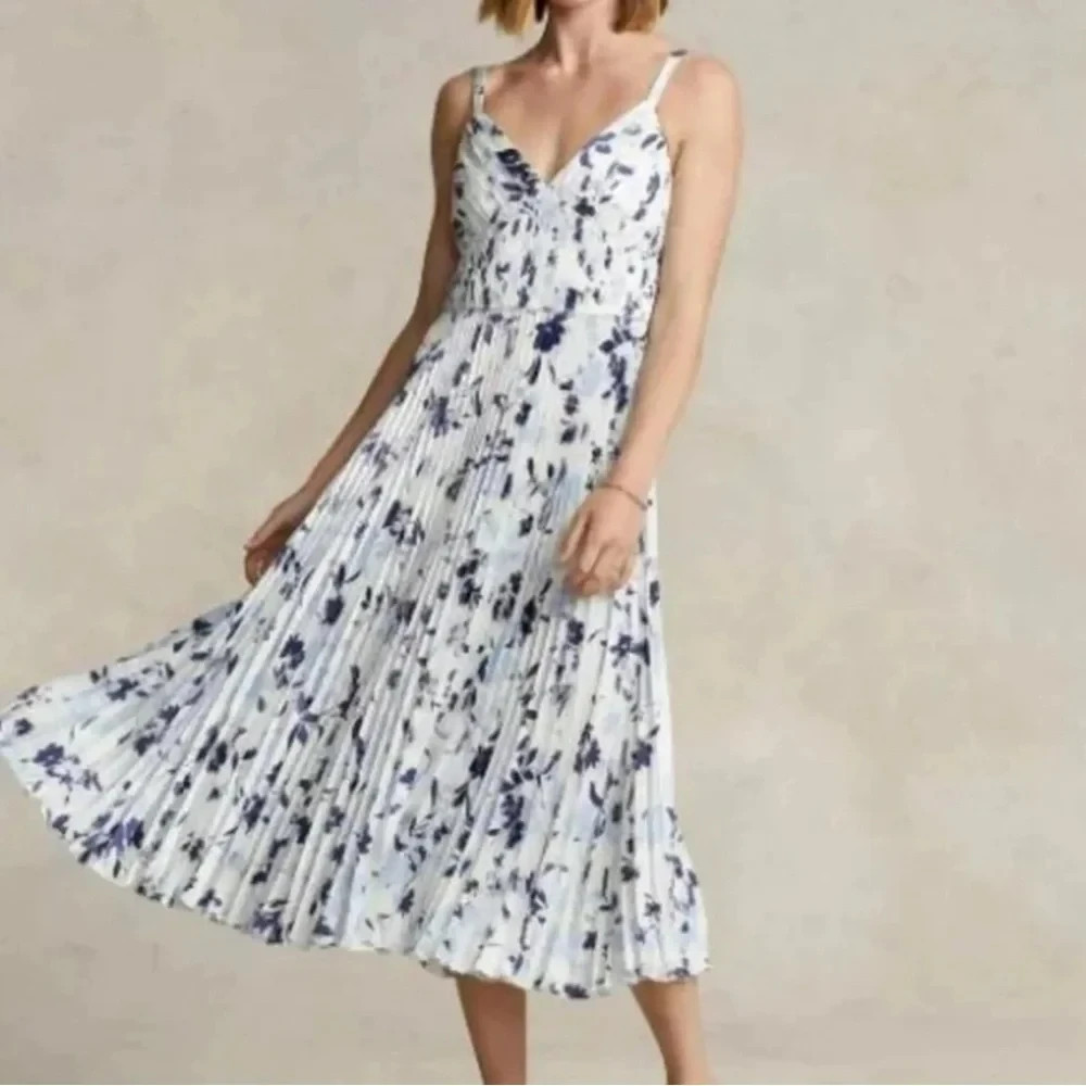 Ralph Lauren Blue and White Floral Midi Dress Size 8
