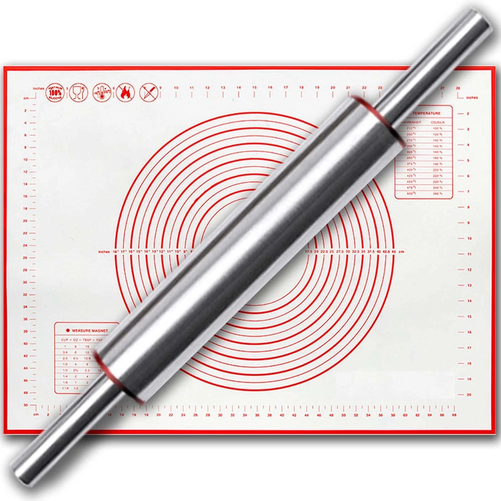Rolling Pin with Baking Mat, Stainless Steel + Mat