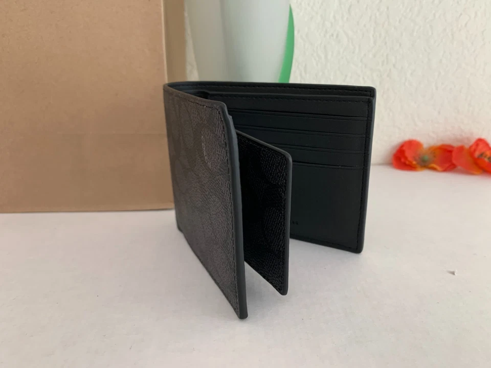 Cartera 3 en 1 Coach CW380 para hombre nueva con etiquetas en lona y cuero negro carbón Foto 3 de 4