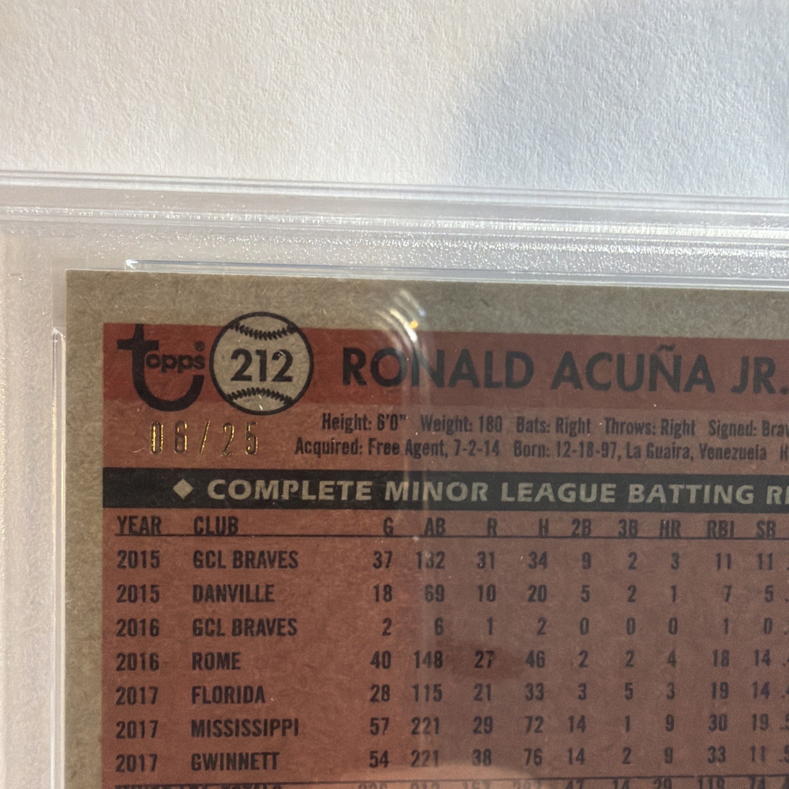 2018 Topps Archives Ronald Acuna Jr. Blue Parallel /25 RC #212 PSA 10 Gem  Pop 5 view 3