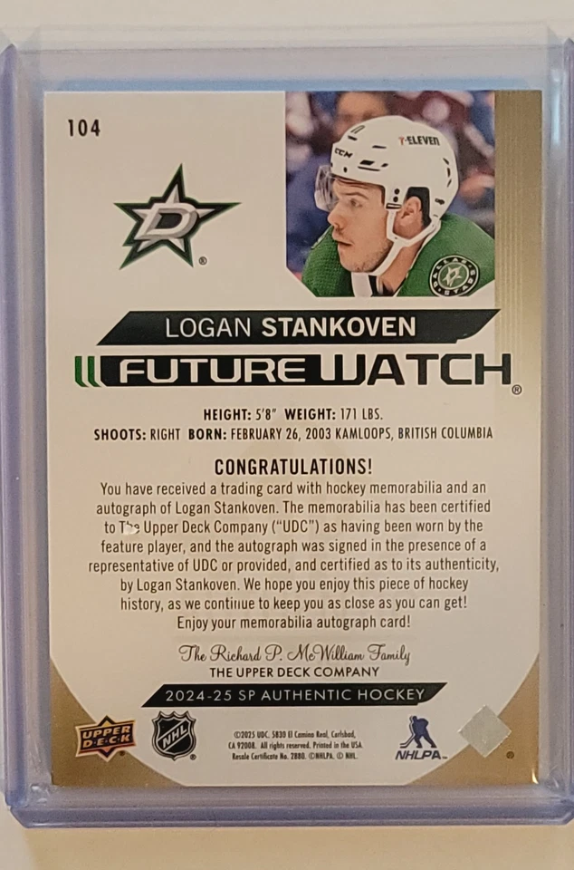 SPA 2024/2025 Logan Stankoven #104 RPA Future Watch Rookie Auto 12/25 - Image 2 of 2