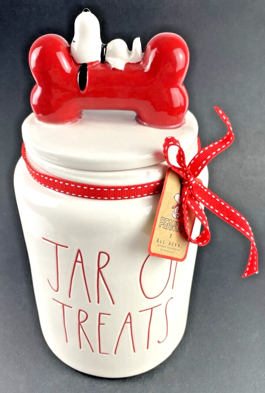 Snoopy Pet Treat Jar Puppy Cookie Canister RAE DUNN 11.25" White & Red NEW