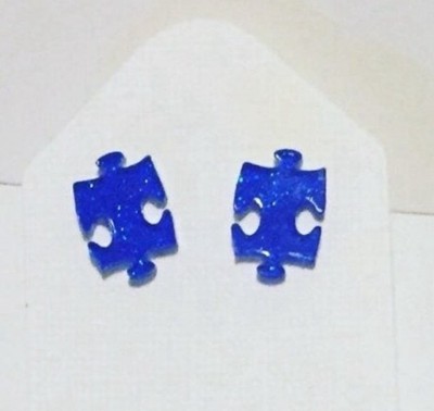 Autism Awareness Blue Glitter Puzzle Piece Stud Earrings, New Handmade