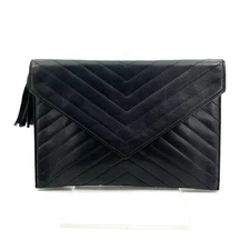 Yves Saint Laurent Clutch Bag Magnet YSL Leather V-stitch Black Authentic