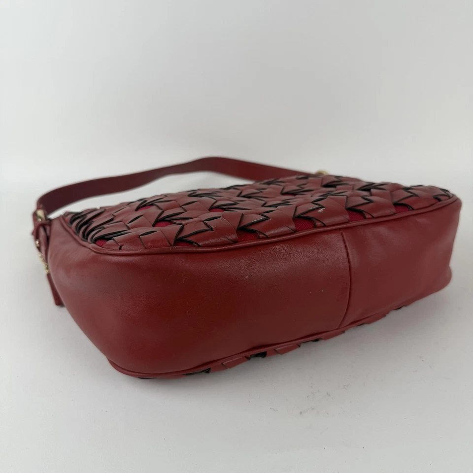 Cole Haan Leather Shoulder Bag Womens Red Basketweave Hobo Purse Gold Zip Top - Image 4 of 4
