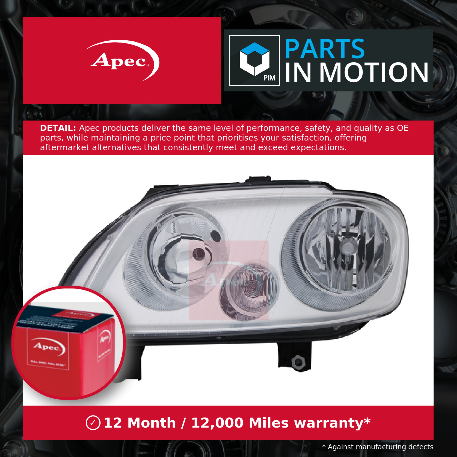 Headlight Headlamp fits VW CADDY Mk3 1.4 Left 04 to 10 N/S Passenger Side Apec
