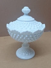 Vintage Fenton Art Glass Milk Glass Hobnail Pattern Footed Candy Bowl