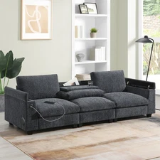 Chenille Sectional Sofa with Bluetooth Drop Down Table Cup Holders USB Charger 